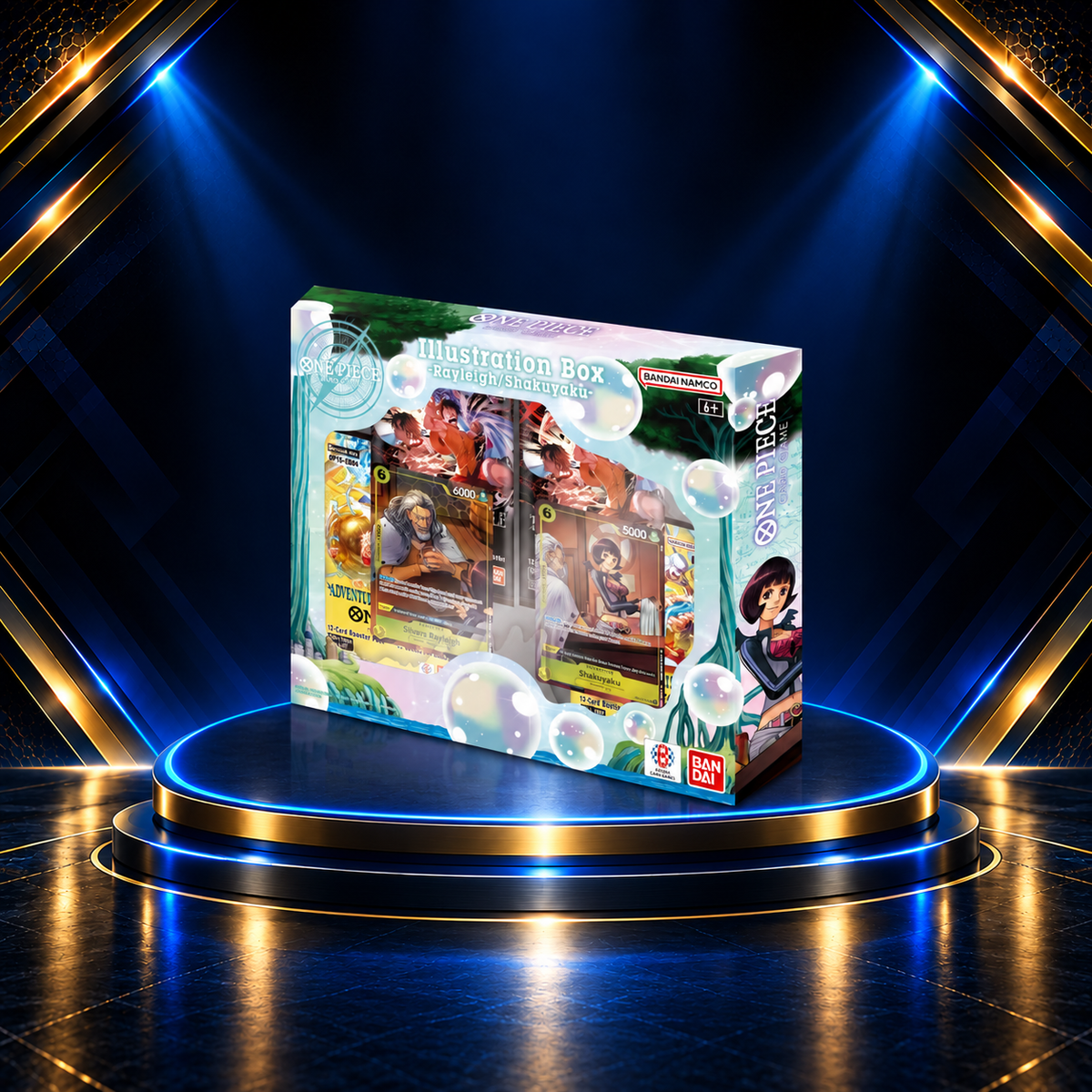 One Piece Illustration Box Vol. 7 Rayleigh/Shakuyaku, original box artwork on Prime Pulls blue-and-gold product display podium