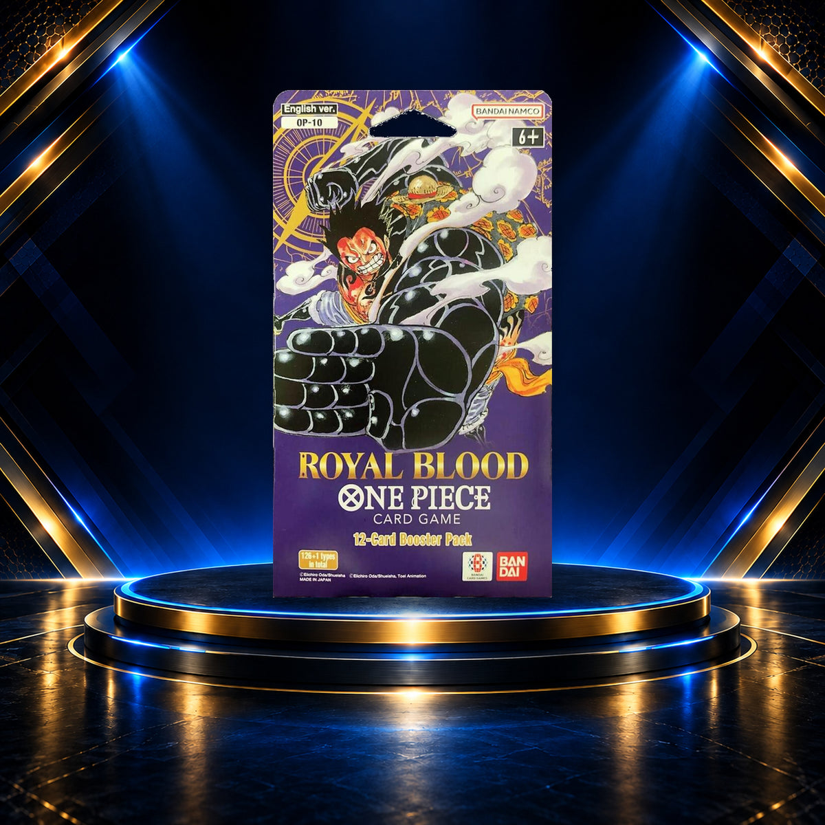 One Piece Royal Blood OP-10 English sleeved booster packaging on the Prime Pulls blue-and-gold display stage
