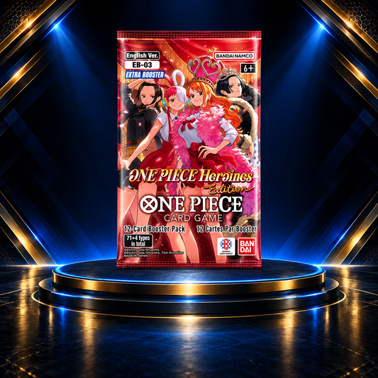 One Piece Heroines Edition EB-03 booster pack centered on the Prime Pulls blue-and-gold display podium