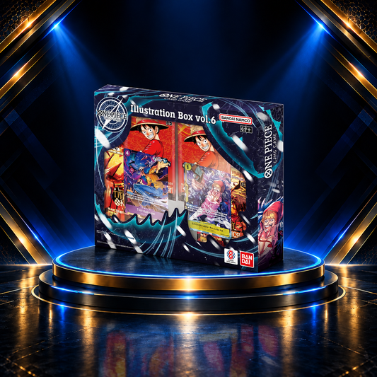 One Piece Card Game Illustration Box Vol. 6 on the Prime Pulls blue-and-gold display podium