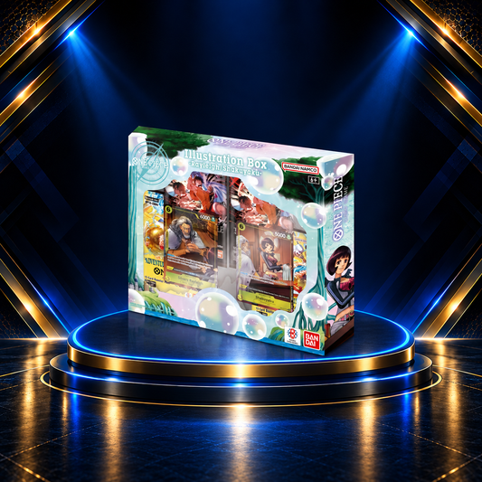 One Piece Illustration Box Vol. 7 Rayleigh/Shakuyaku, original box artwork on Prime Pulls blue-and-gold product display podium