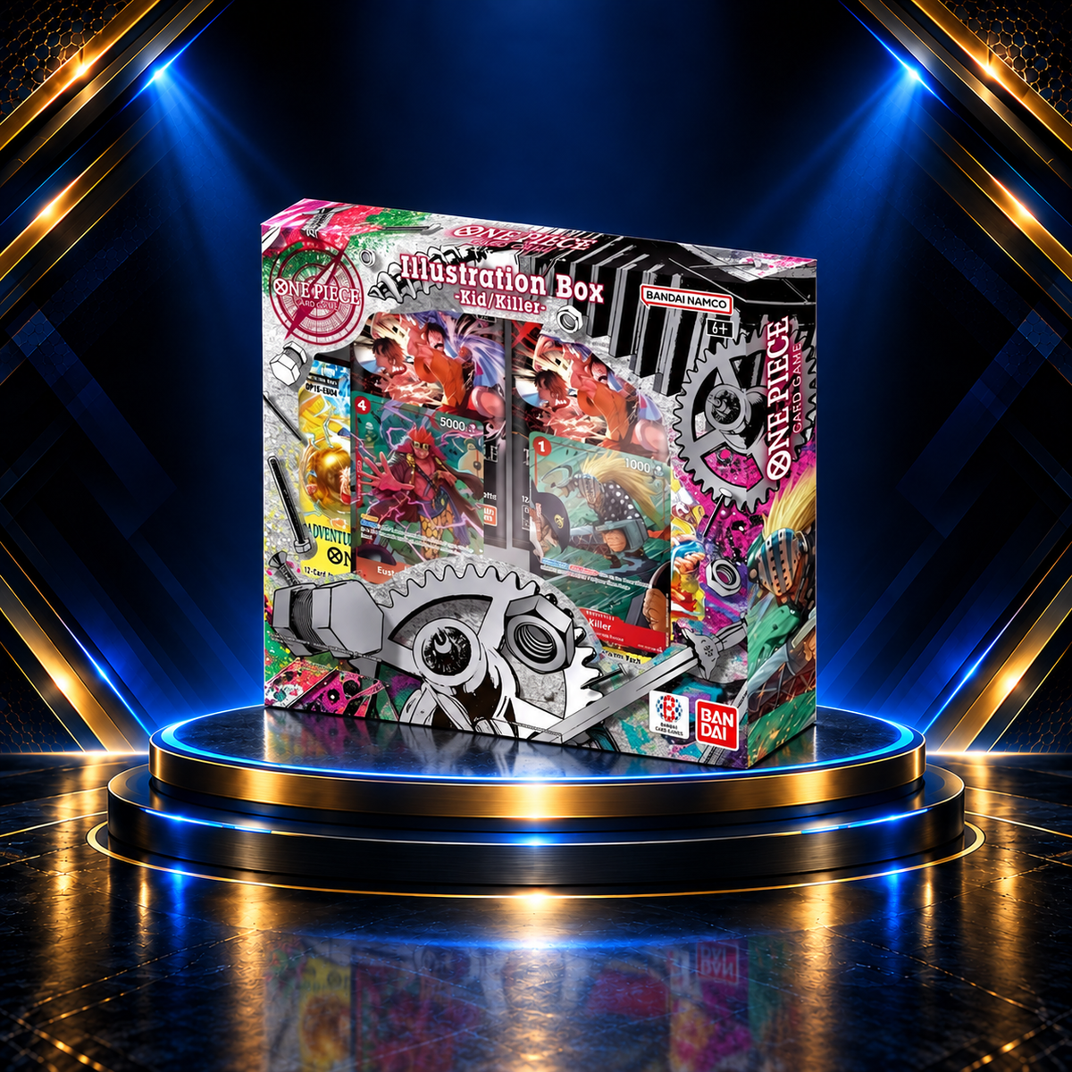One Piece Card Game Illustration Box Vol. 8 Kid/Killer on the Prime Pulls blue-and-gold display podium