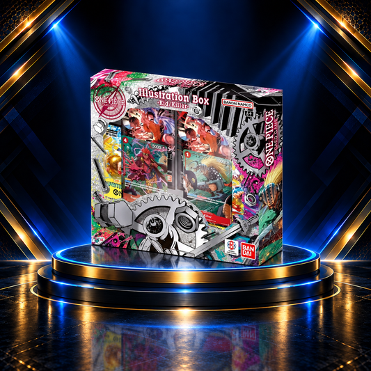One Piece Card Game Illustration Box Vol. 8 Kid/Killer on the Prime Pulls blue-and-gold display podium