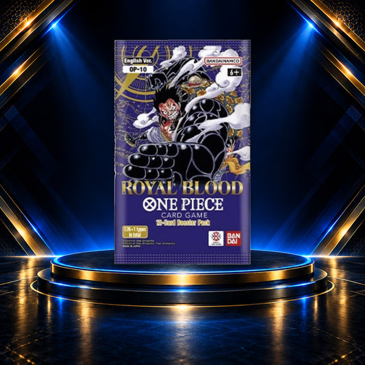One Piece Royal Blood OP-10 English booster pack on the Prime Pulls blue-and-gold display stage