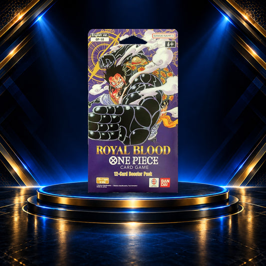 One Piece Royal Blood OP-10 English sleeved booster packaging on the Prime Pulls blue-and-gold display stage
