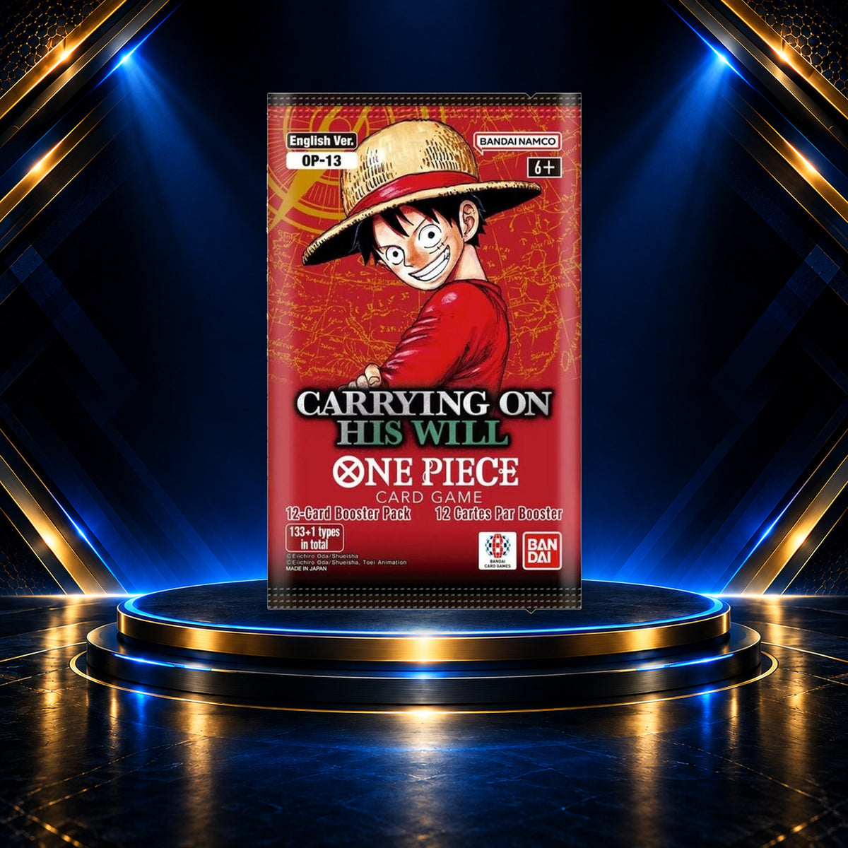 One Piece Carrying on His Will OP-13 English booster pack on the Prime Pulls blue-and-gold display stage