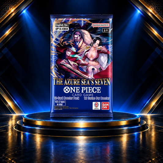 One Piece The Azure Sea's Seven OP-14 booster pack on the Prime Pulls blue-and-gold display stage