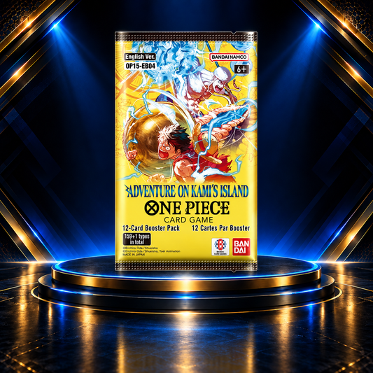 One Piece Adventure on Kami's Island OP-15 booster pack on the Prime Pulls blue-and-gold display stage