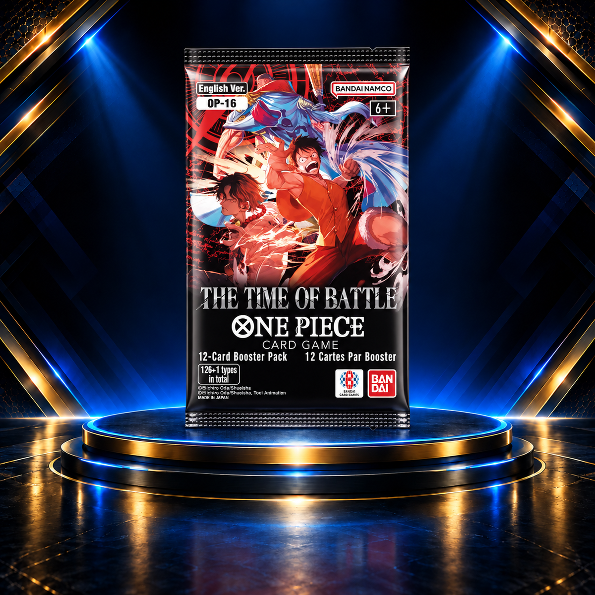 One Piece The Time of Battle OP-16 booster pack on the Prime Pulls blue-and-gold display stage