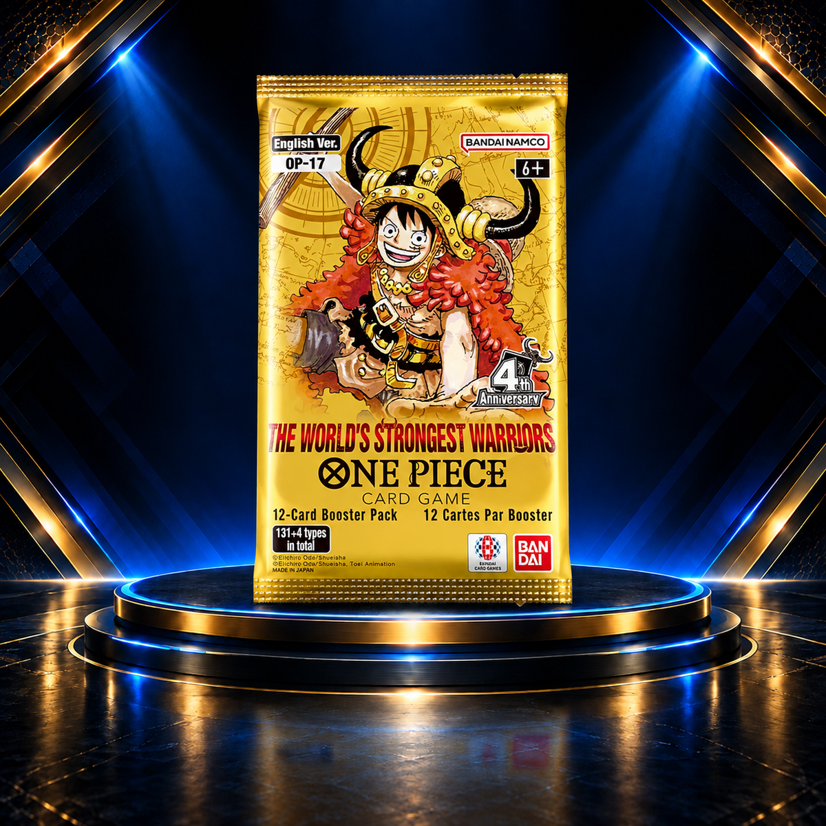 One Piece OP-17 booster pack on the Prime Pulls blue-and-gold display stage