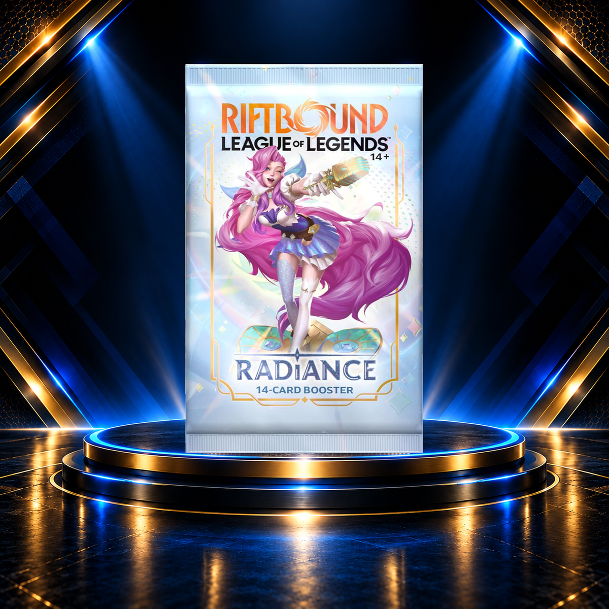 Authentic Riftbound Radiance 14-card booster pack on the approved Prime Pulls gold-and-blue product display stand